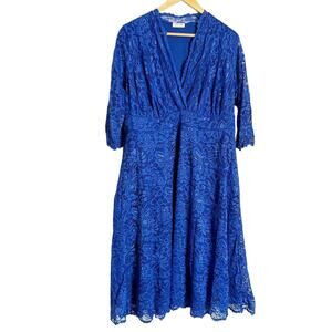 Kiyonna Sapphire Blue Mademoiselle A-Line Lace V-Neck Cocktail Party Dress 2X